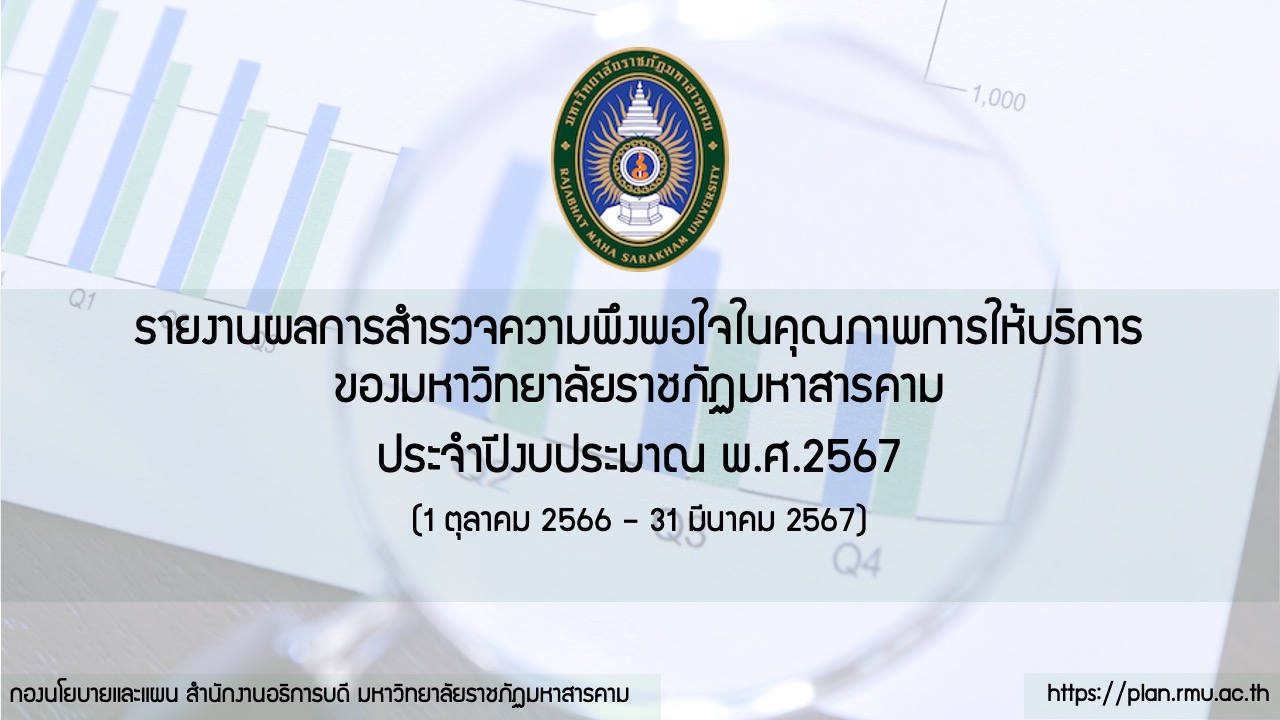รายงานผลการสำรวจความพึงพอใจในคุณภาพการให้บริการของมหาวิทยาลัยราชภัฏมหาสารคาม ประจำปีงบประมาณ พ.ศ.2567 (1 ตุลาคม 2566 – 31 มีนาคม 2567)
